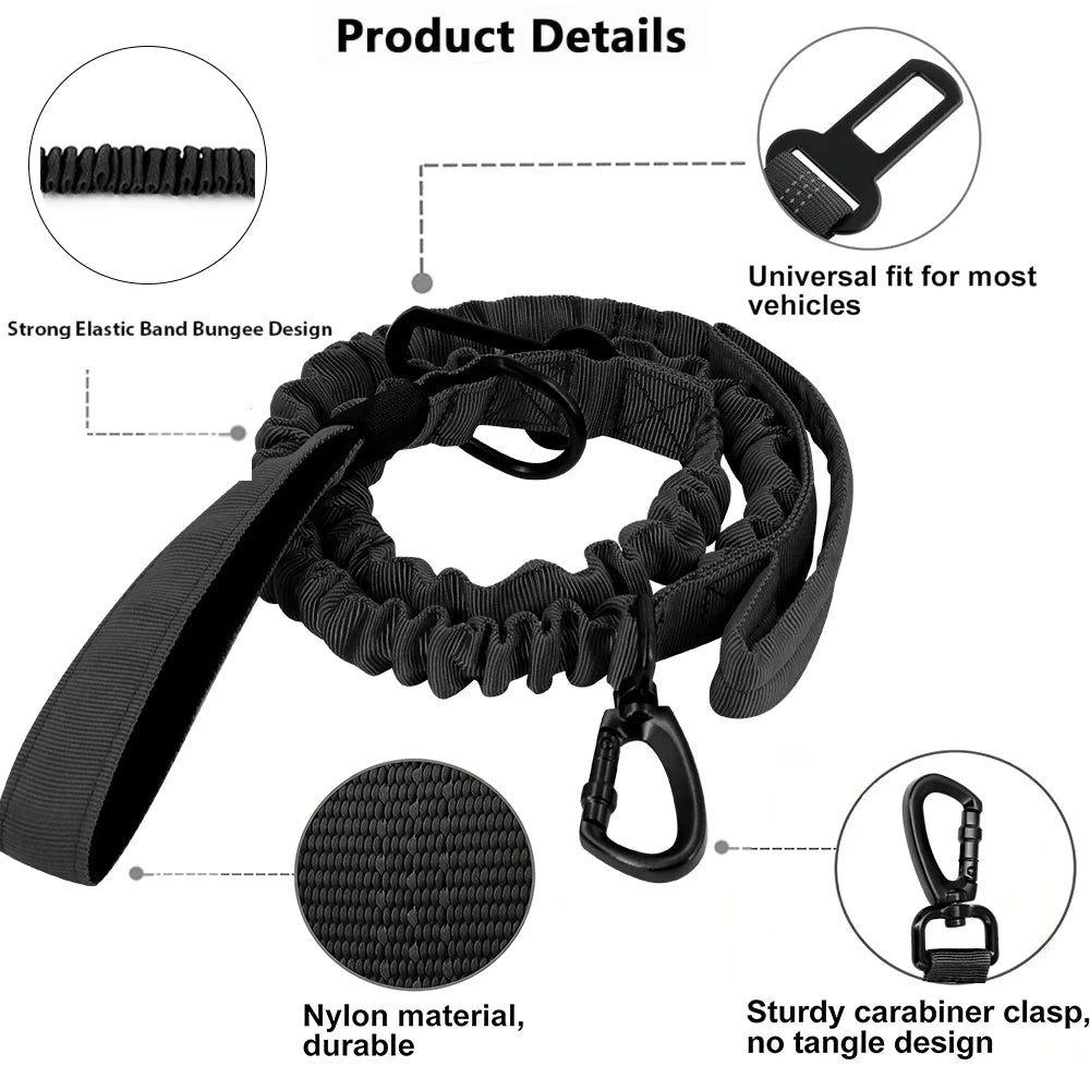 Black heavy duty bungee dog leash featuring a durable nylon material and sturdy carabiner clasp.