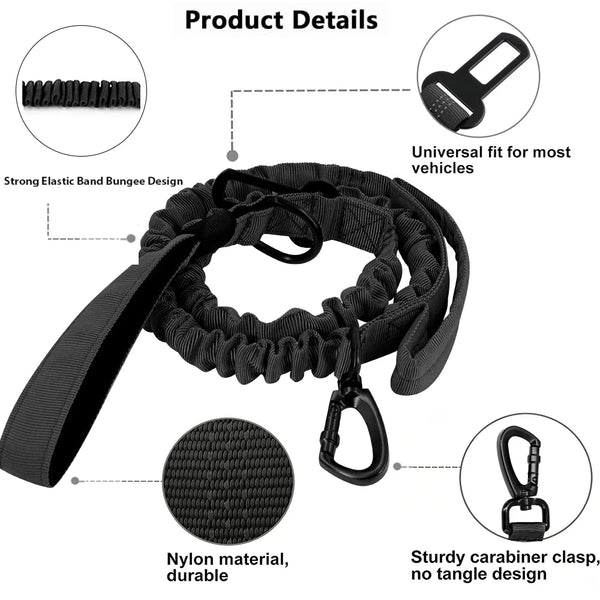 Black heavy duty bungee dog leash featuring a durable nylon material and sturdy carabiner clasp.