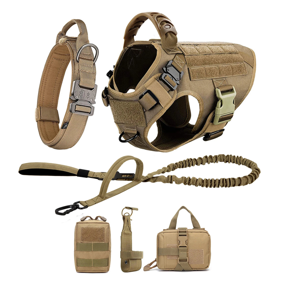 A set of tan durable dog harness, leash, and small pouch for training.