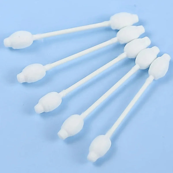 A set of white pet-safe cotton swabs with rounded tips for ear cleaning.