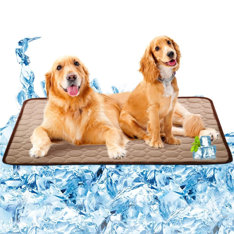 A golden retriever dog is lying on a brown pet mat surrounded by ice cubes and blue water.