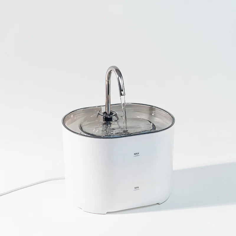 A white cat water fountain with a stainless steel faucet is shown on a surface.
