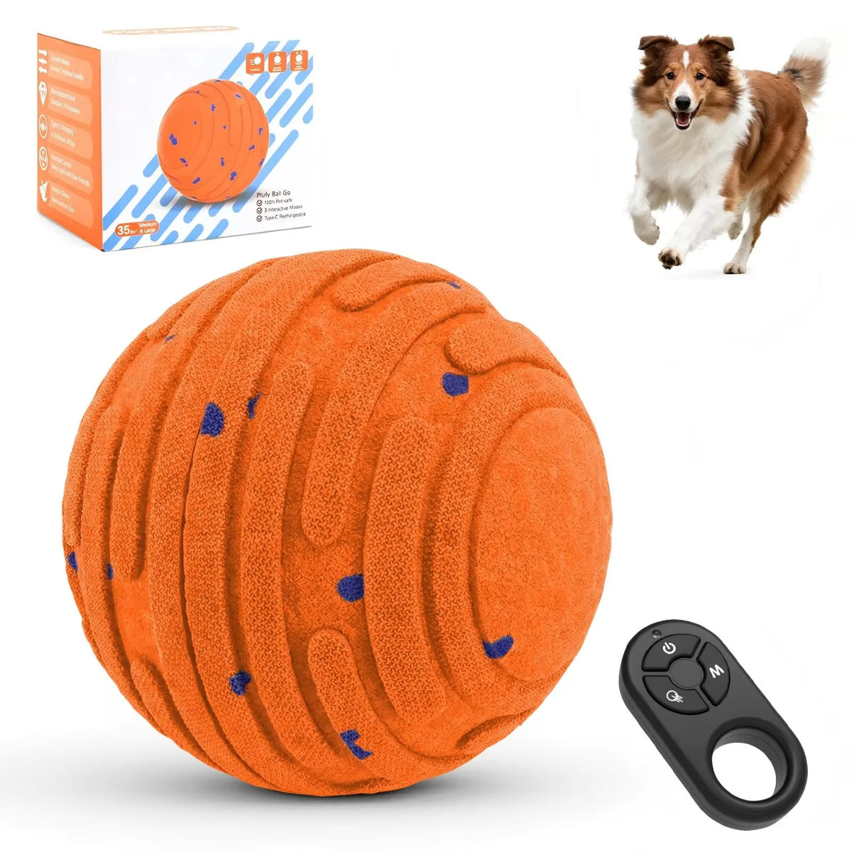 An orange, textured rubber toy ball for dogs with a black remote control visible next to its packaging.