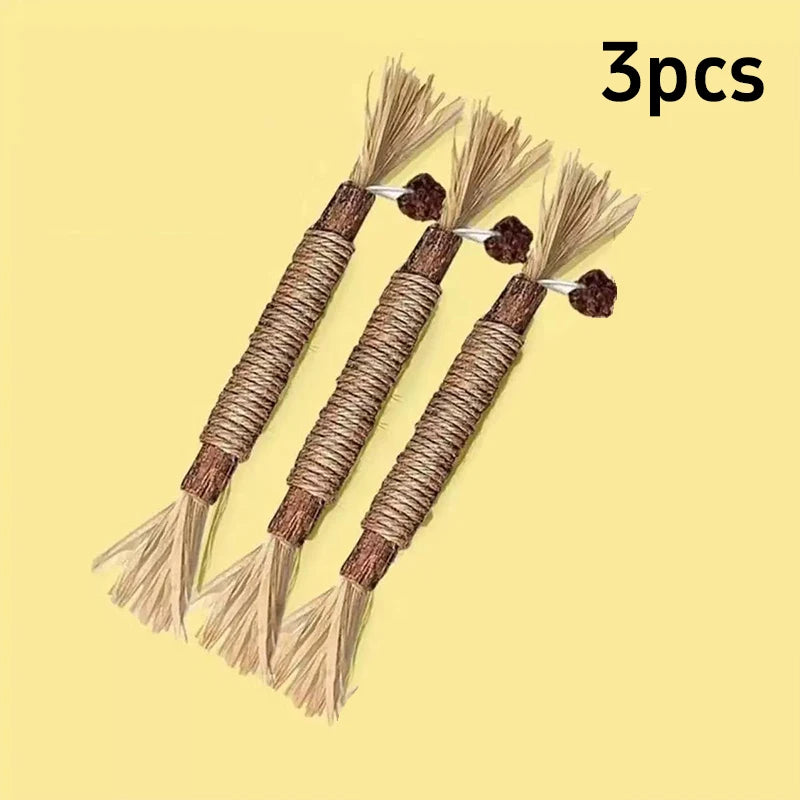 Three natural fiber catnip chew sticks with squeakers for dental health