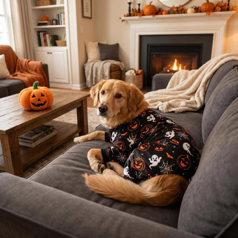 A golden retriever wearing a black and orange Halloween-themed pajama costume relaxing on a gray sofa.