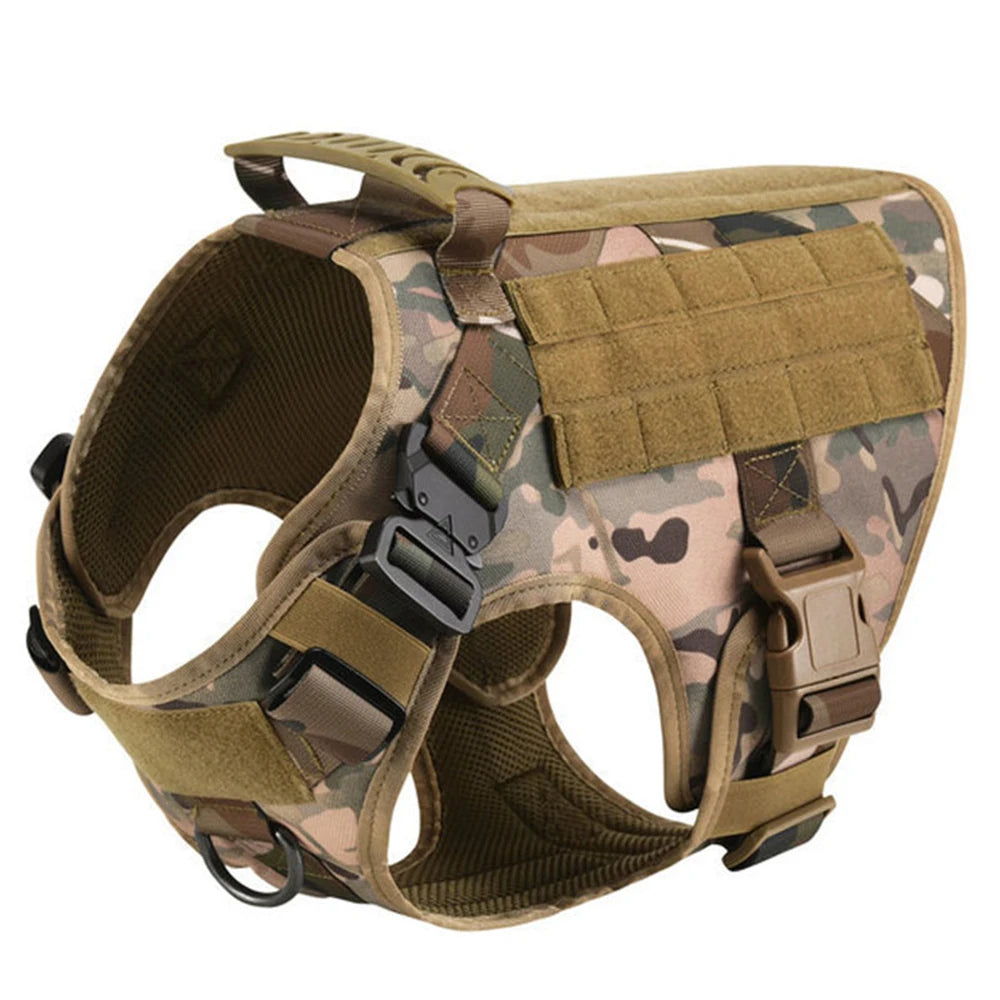 A durable dog harness and leash set in camouflage pattern for training.