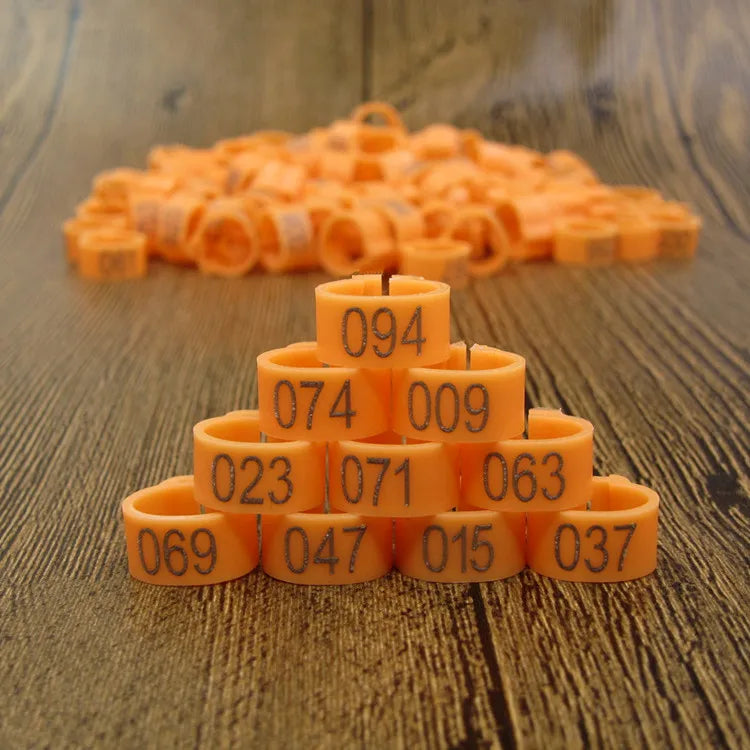 A pile of orange plastic bird identification foot rings arranged in a pyramid on a wooden surface.