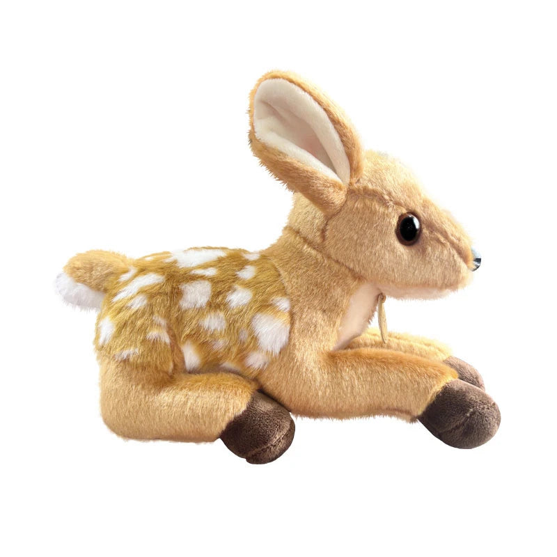 A soft plush stuffed animal toy resembling a fawn with brown fur and white spots.