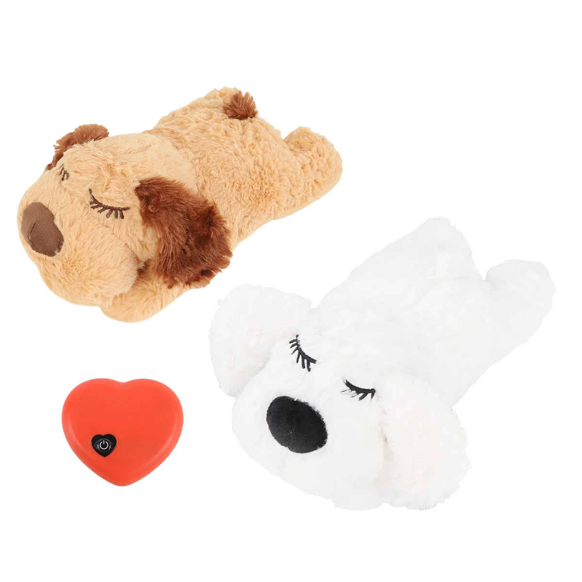 A fluffy brown stuffed animal resembling a dog or cat, next to an orange heart-shaped electronic device.