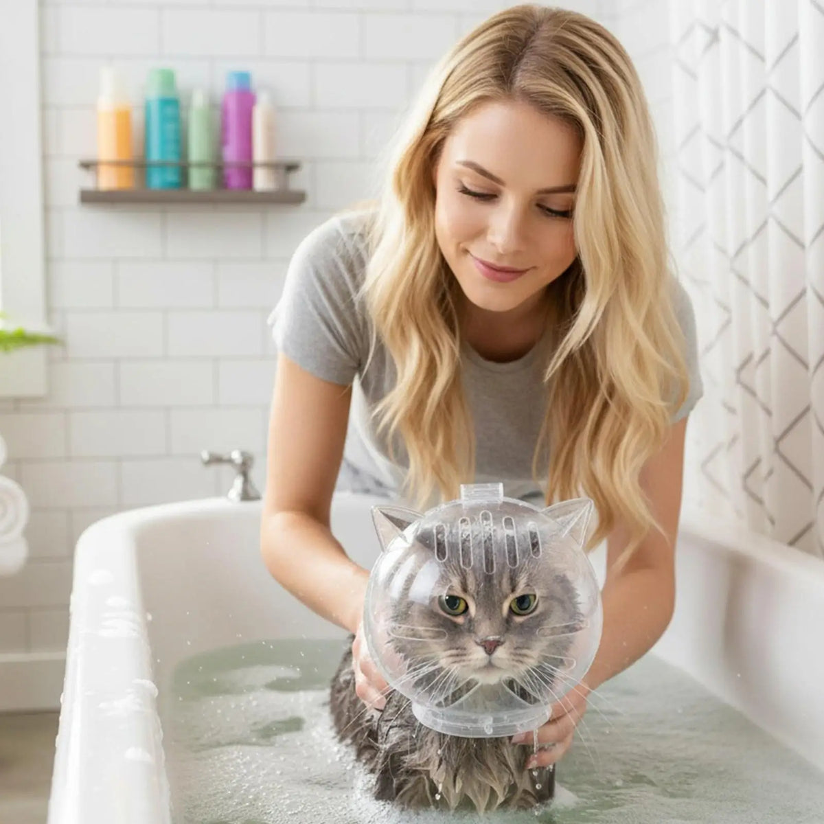 A woman is using a breathable transparent grooming hood to bathe a gray cat in a white bathtub.
