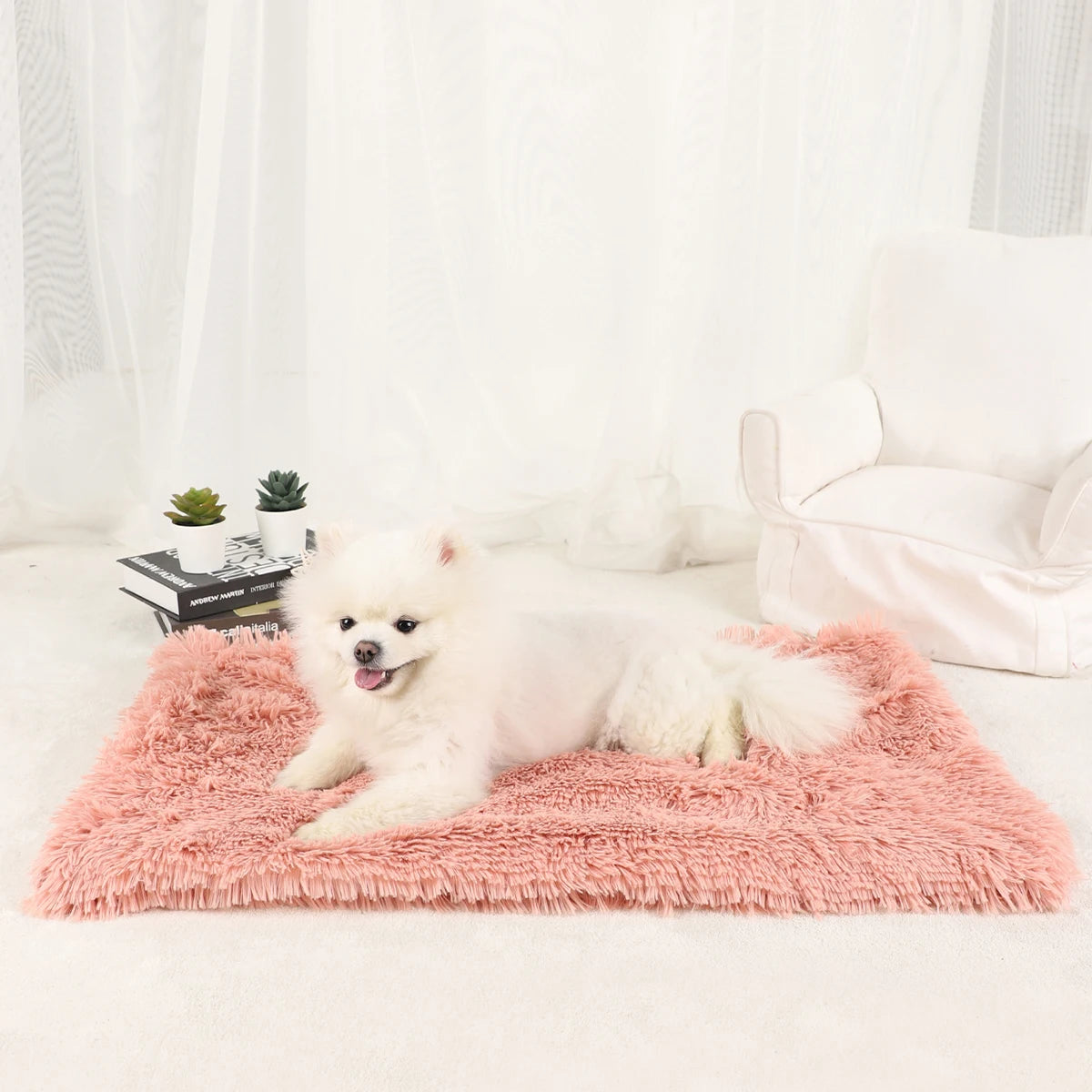 A fluffy white dog lies on a pink faux fur blanket in a bright, soft-lit room.