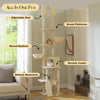 A floor-to-ceiling cat tree tower featuring adjustable rods, round baskets, broad platforms, and a bottom hammock for cats.