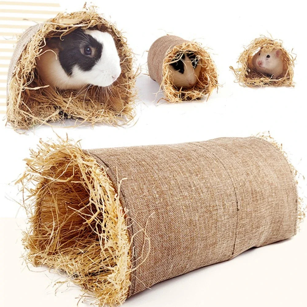 Natural grass tunnel hideouts for small pets showing a rabbit and a hamster inside straw nests.