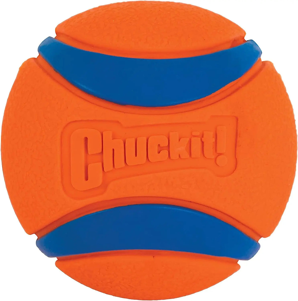 An orange rubber ball toy with blue accents and the Chuckit brand logo molded into the surface.