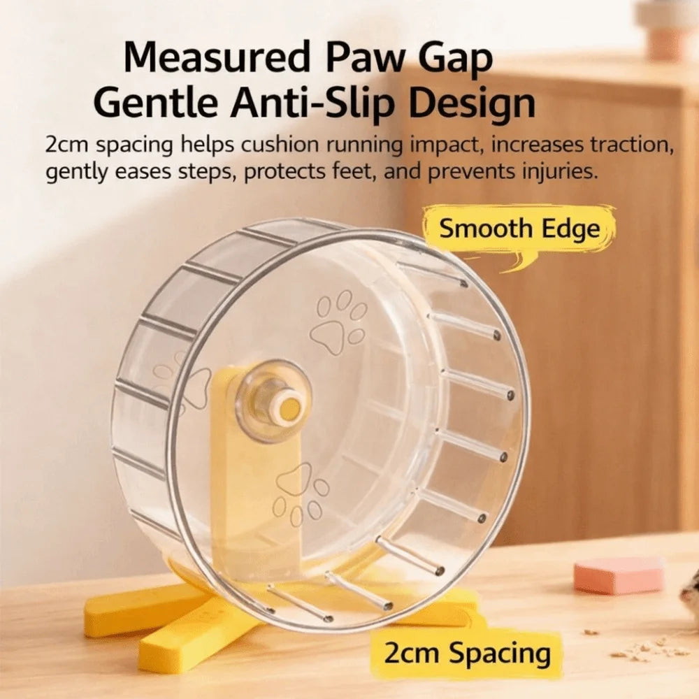 A clear plastic hamster exercise wheel with a smooth edge and 2cm spacing for running.