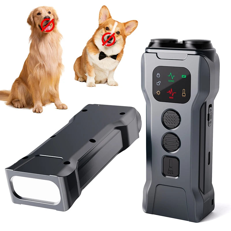 A gray ultrasonic dog deterrent device shown next to a dog and a cat.