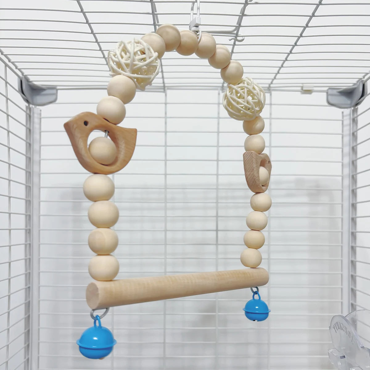Natural Wood Parrot Swing with Chewing Toy for Small Birds