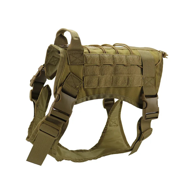 Olive green tactical dog harness with an adjustable vest for training