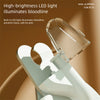 A close-up of pet nail clippers with a clear light illuminating the blade, designed to prevent injury.