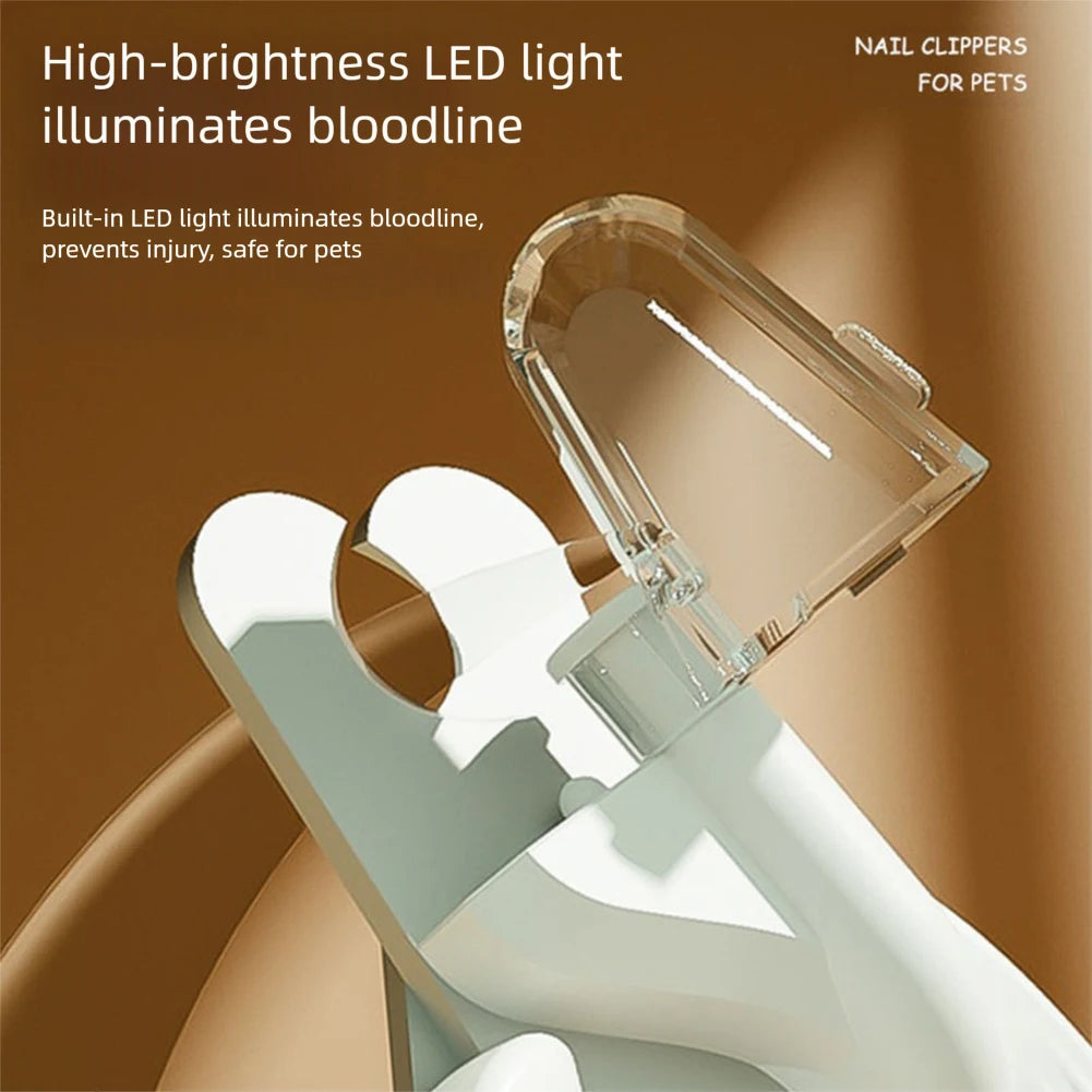 A close-up of pet nail clippers with a clear light illuminating the blade, designed to prevent injury.