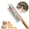 A solid wood pet pin brush is shown with a cat and a dog nearby.