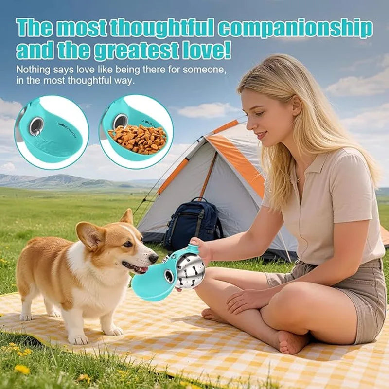 A young woman is sitting on a yellow blanket with a dog, holding a portable stainless steel dog water dispenser in an outdoor