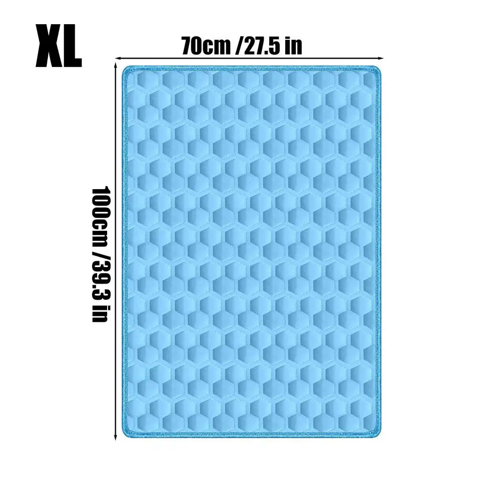 Light blue hexagonal self-cooling dog mat with non-slip base