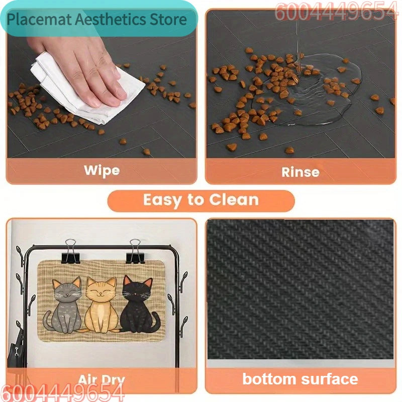 A set of pet feeding mats featuring a cat pattern, demonstrating wipe, rinse, air dry, and bottom surface features.