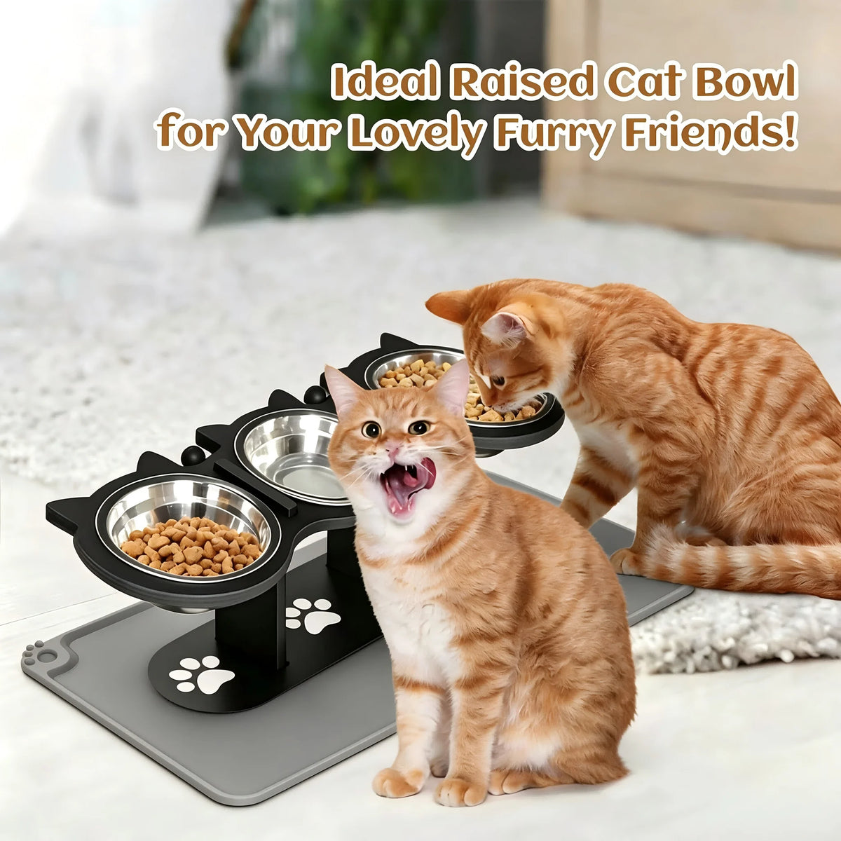 Elevated Cat Bowls with Silicone Mat - 15° Tilted Wooden Stand