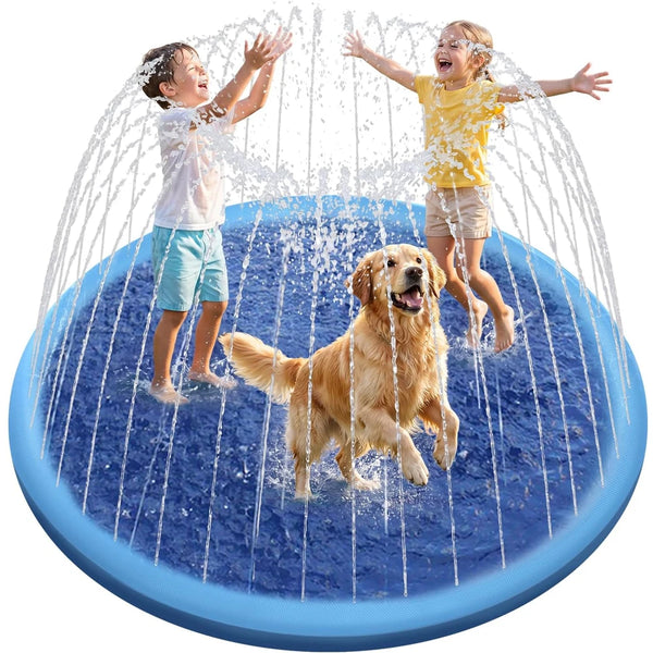 A golden retriever is splashing in a blue inflatable pet cooling pool and sprinkler mat with two children nearby.