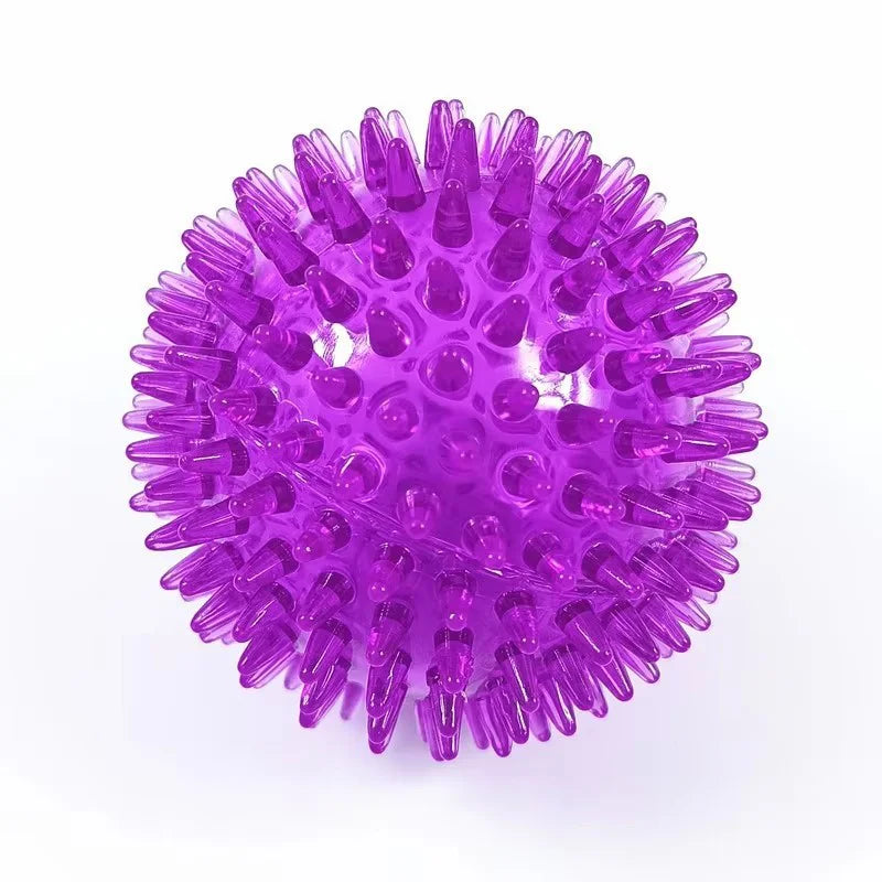 A purple spiky squeaky dog toy ball designed for interactive play and dental health.