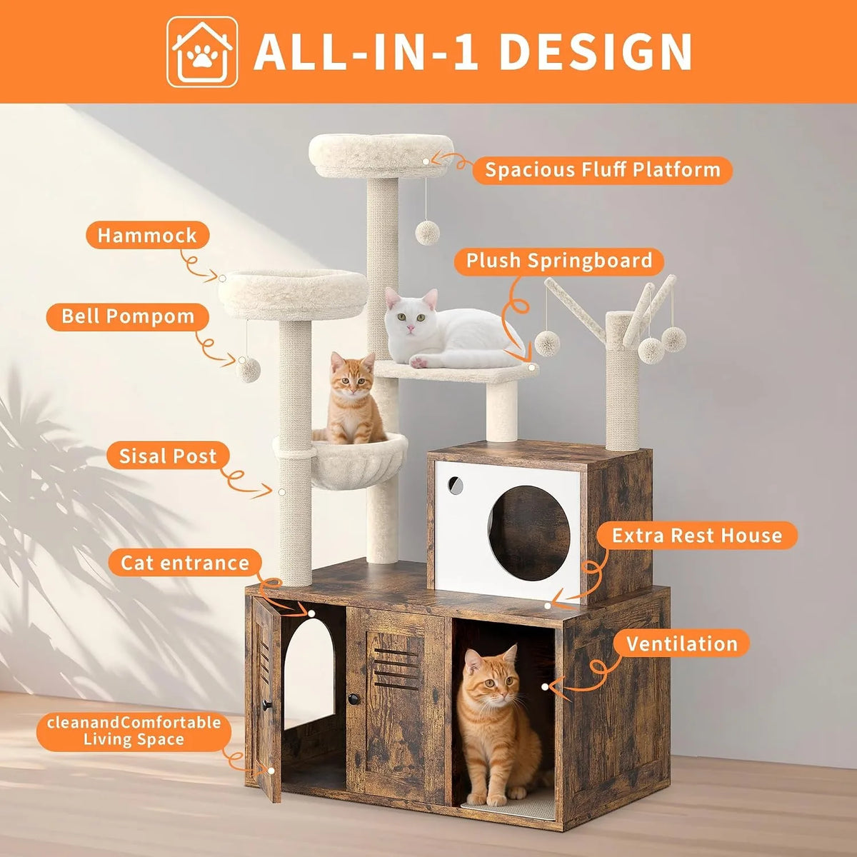 برج قطط شامل بهدأة، جمجمة جرس، زنبرك محشو، عمود من خيش، ومنزل استراحة إضافي جيد التهوية