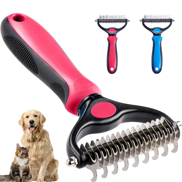 A pink and black double-sided pet deshedding brush with attachments shown next to a dog and a cat.