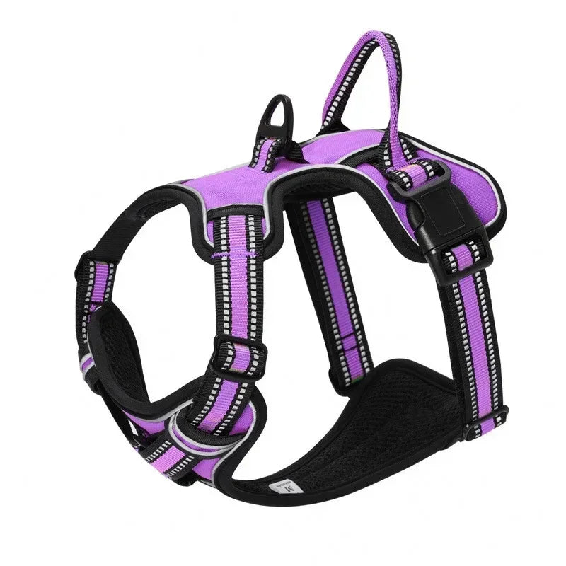 A purple and black adjustable reflective dog harness vest for all sizes.