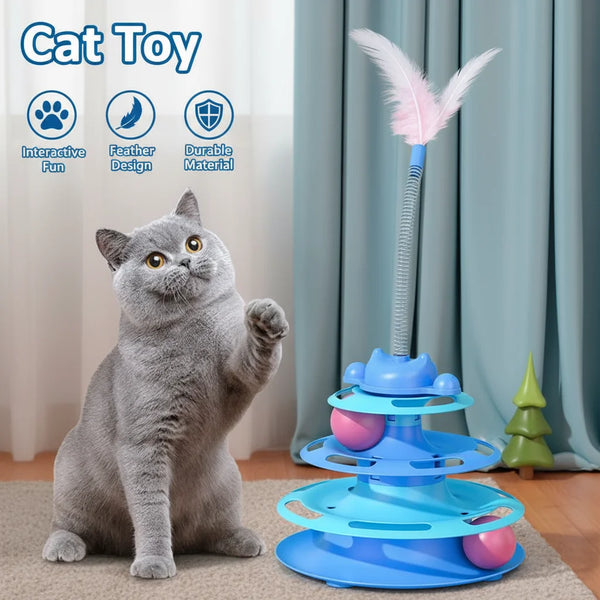 A gray cat toy tower featuring a feather, designed for interactive fun.