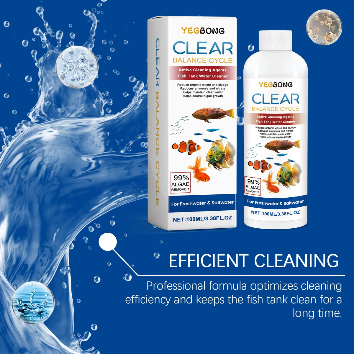 Yegbong Clear Balance Cycle Produkt mit Flaschen zur Reinigung von Fischtankwasser und Darstellung des Wasserflusses.