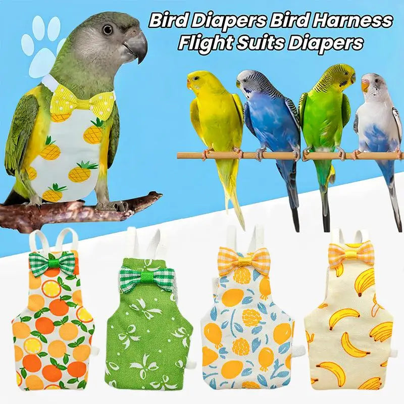 Trajes de vuelo coloridos y lavables para loros con adorables lazos de pañal y patrones frutales