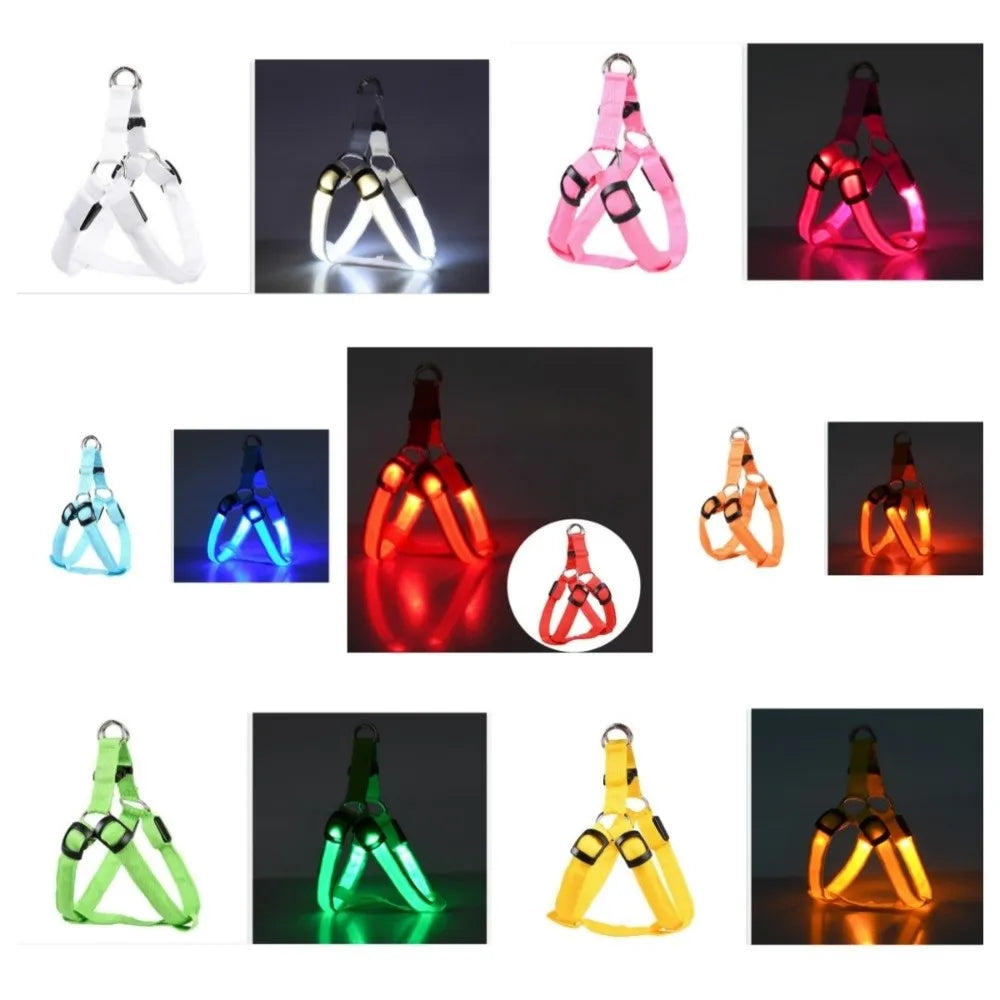 Various views of a rechargeable LED dog harness in pink, black, blue, and yellow colors.