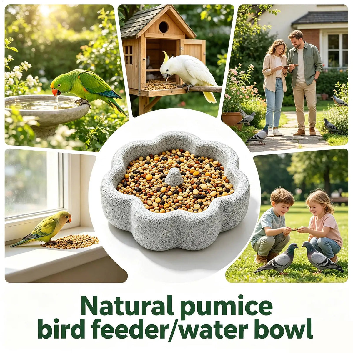 Natural Pumice Bird Feeding Bowl with Anti-Spill Design