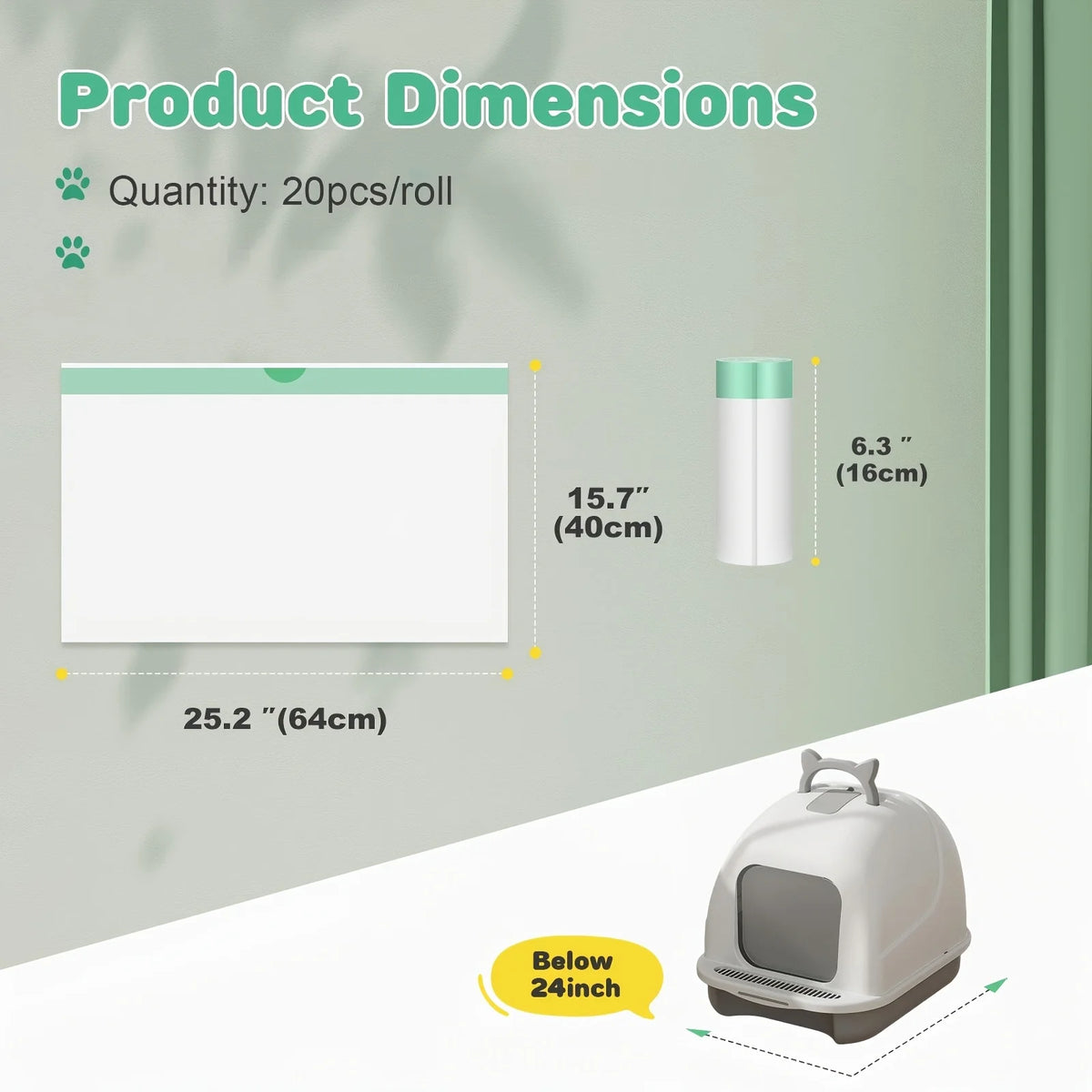Product dimensions and size comparison of heavy-duty cat litter box liners with drawstring.
