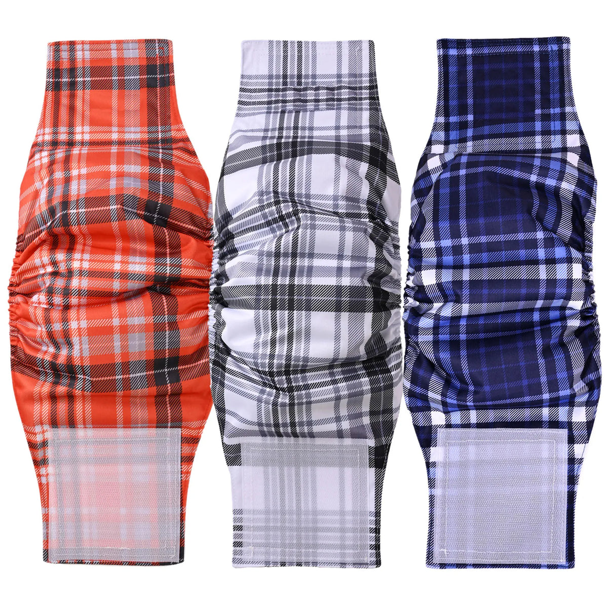Three reusable adjustable belly bands for male dogs in plaid patterns: orange, black and white, and blue.