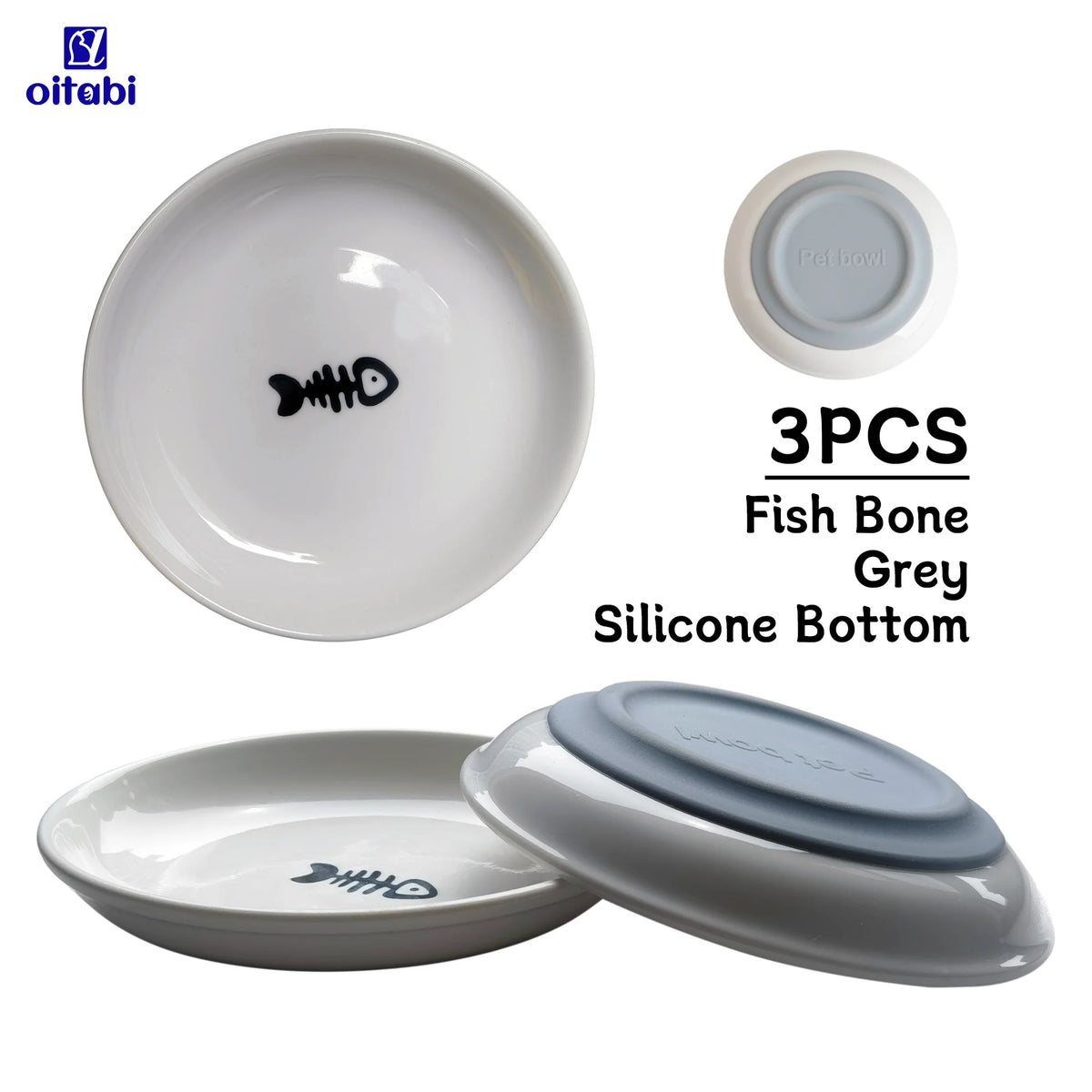 Three pieces of fish bone silicone bottom ceramic cat bowl set in grey and white.