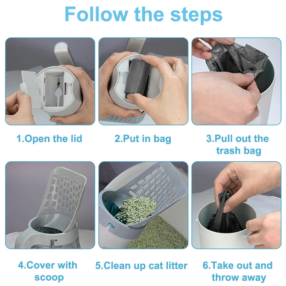 Instructions for using a cat litter scoop with an integrated waste container and refill bags, showing steps to open the lid, 