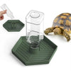 Klares Glasautomatisches Reptilien-Wasserdispensierbecher auf einem grünen Tablett neben einer Schildkröte.