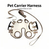 A beige pet carrier harness with a padded design and leather straps is shown for hands-free walking.