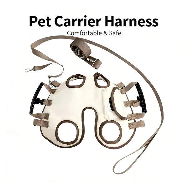 A beige pet carrier harness with a padded design and leather straps is shown for hands-free walking.