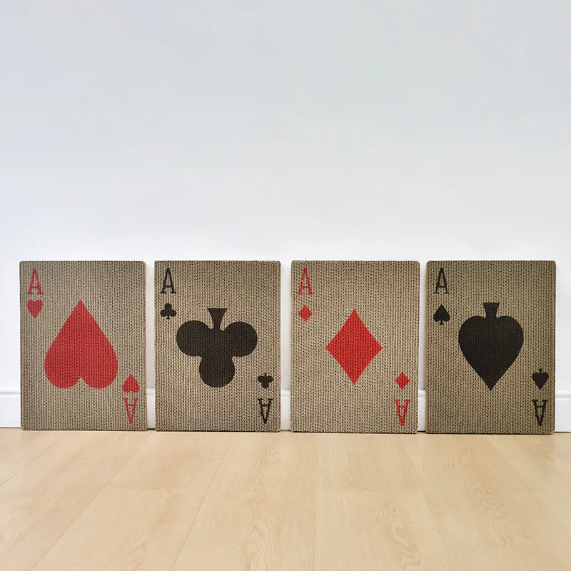 A set of four vertical cat scratchers featuring different playing card symbols in red and black on a beige textured backgroun