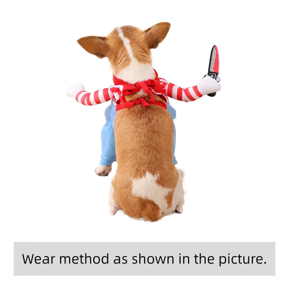 A brown dog wearing a red and white striped costume with a red bow and a black knife accessory.
