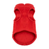 Un manteau d'hiver rouge vif et duveteux pour chien, vu de dos.