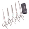 A set of professional stainless steel pet grooming scissors and a black case.